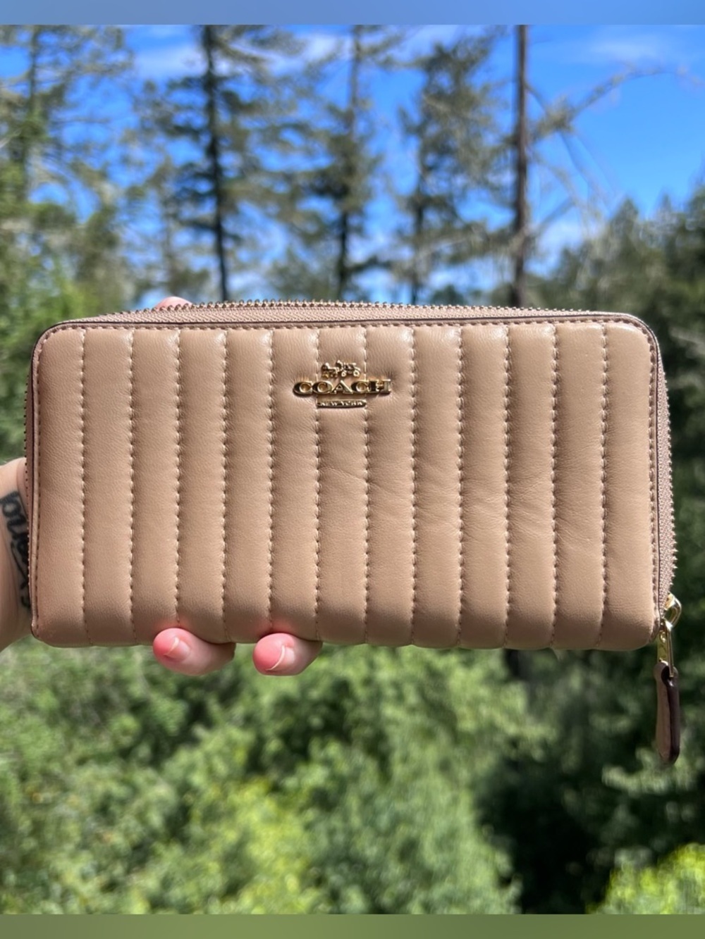 COACH Long Zip-Around Wallet Quilted Leather Tan w Gold Hardware AUTHENTIC